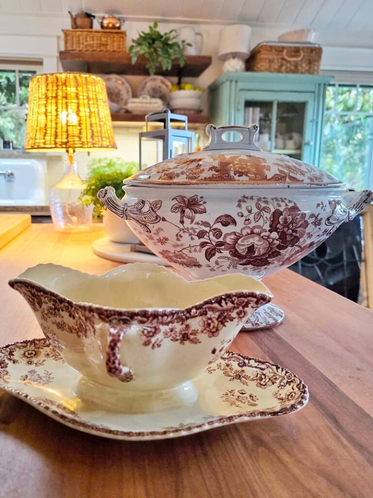 brown-and-white vintage transferware in the kitchen