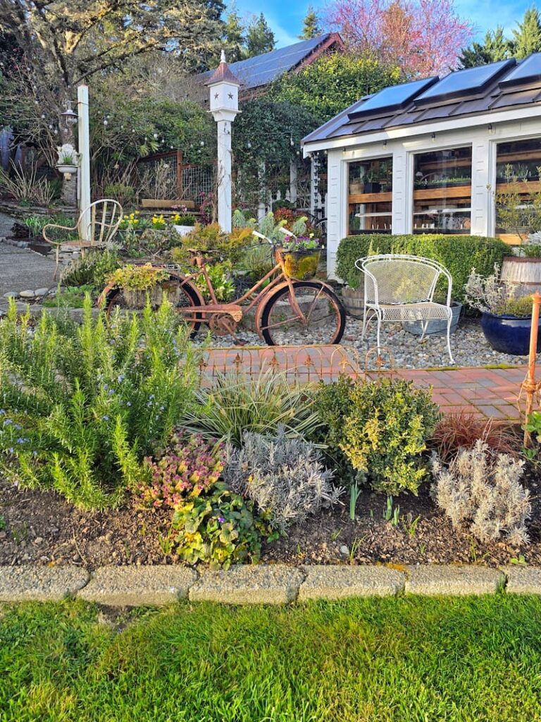 cottage garden in February with a vintage bike, greenhouse, and birdhouse