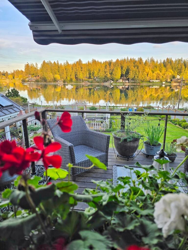view of the bay and geraniums from the deck