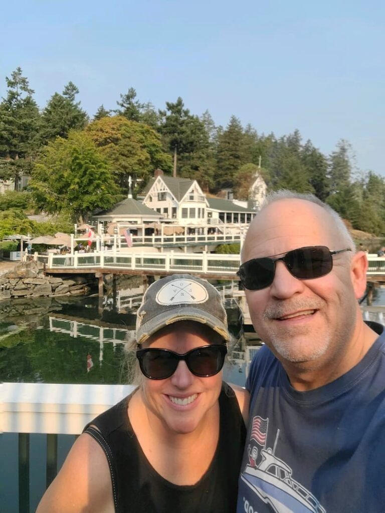 posing in front of the Roche Harbor Resort
