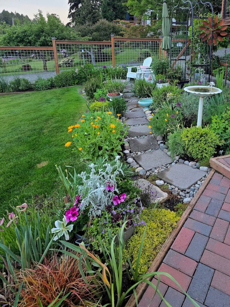 garden path with yellow calendula