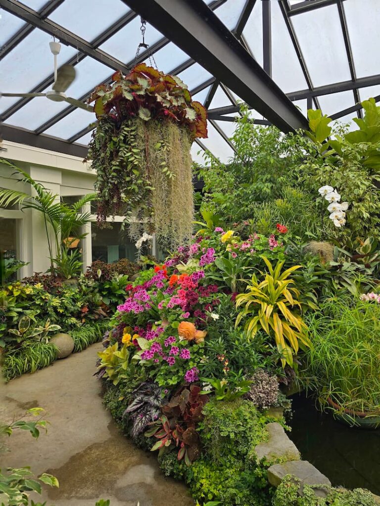 the Butchart Gardens greenhouse and waterfall