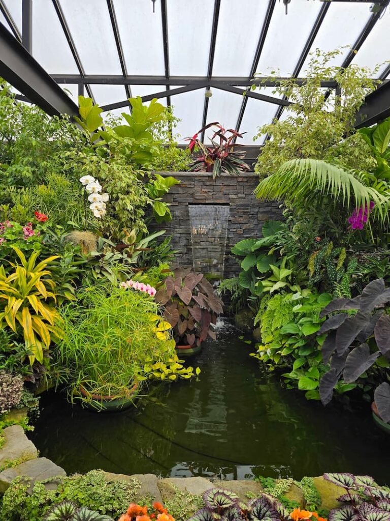 the Butchart Gardens greenhouse and waterfall