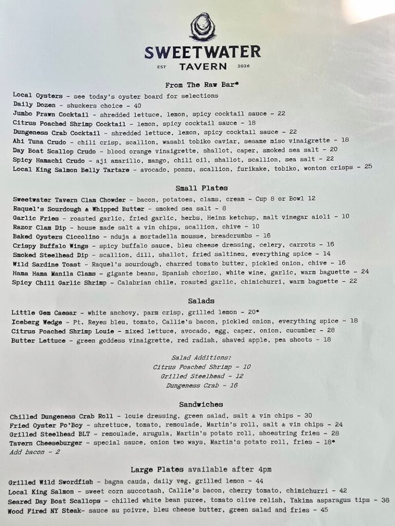 Sweetwater Tavern menu on Bainbridge island