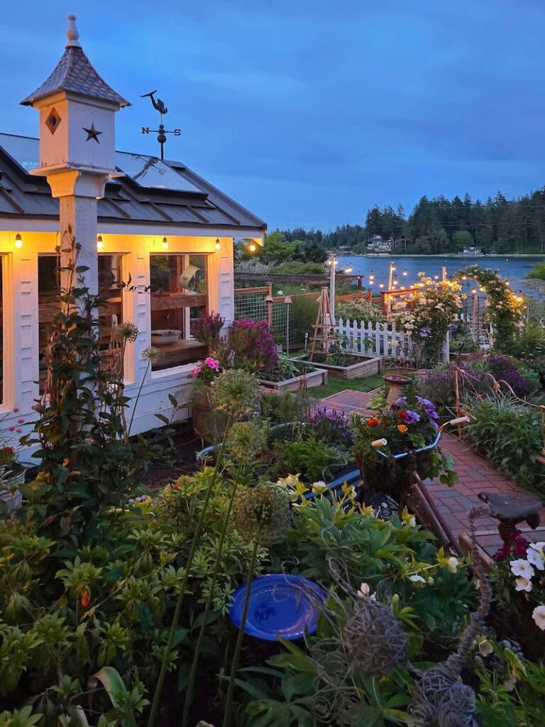 cottage garden with greenhouse and birdhouse in early June evening
