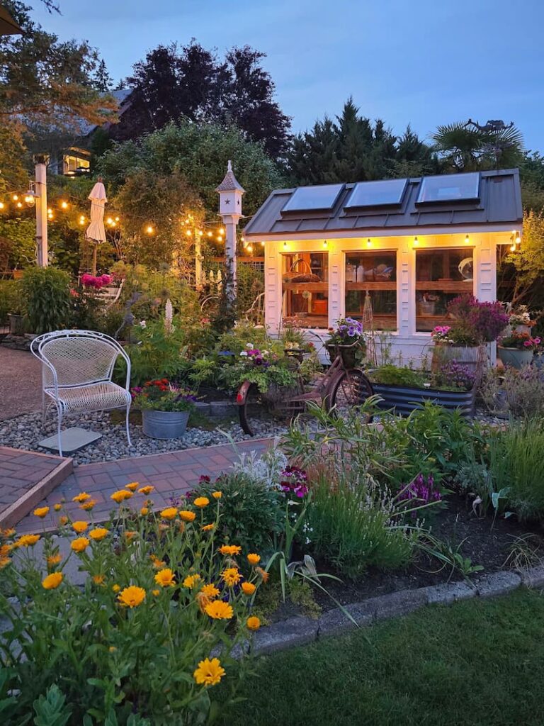 greenhouse and cottage garden evening view