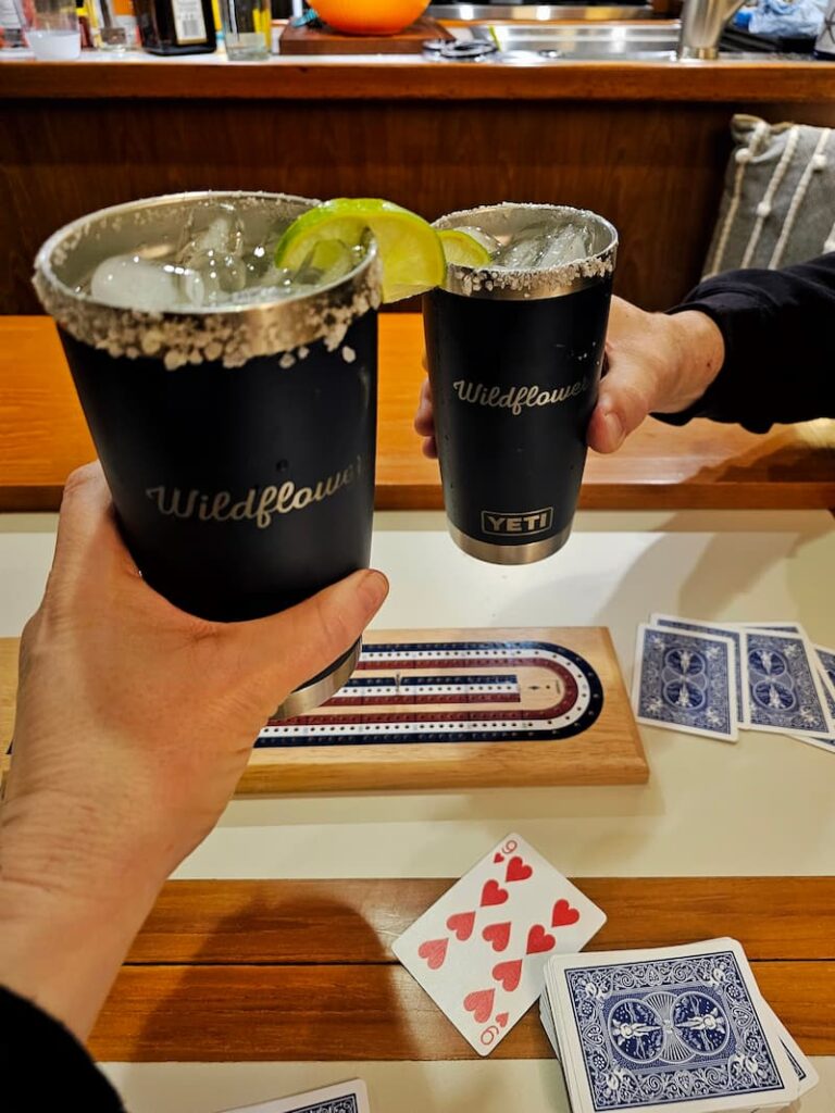 playing cribbage and drinking out of our 'Wildflower' cups