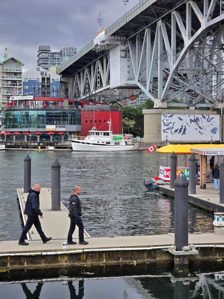 view from the Granville Market looking at the bridge and across False Creek with Wildflower boat in the distance