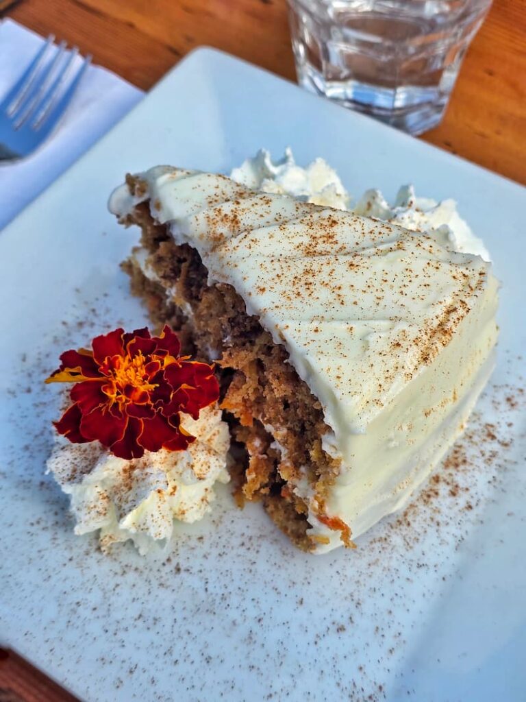 slice of carrot cake with a red marigold