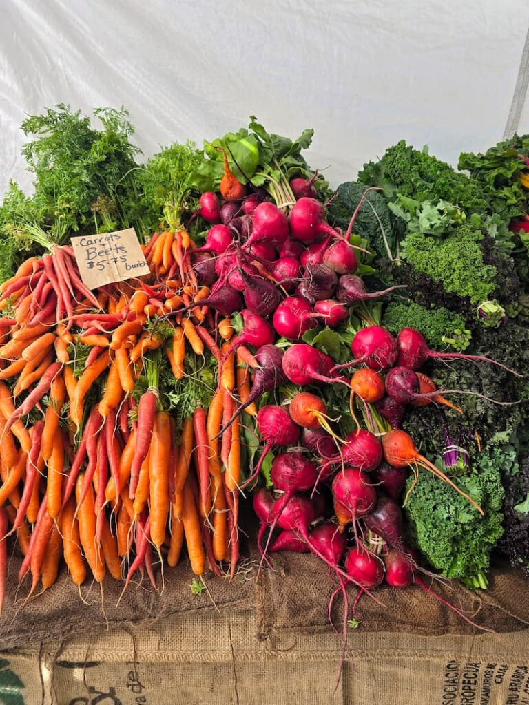 carrots, radishes, and kale on a table displayed
