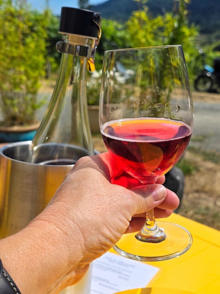 holding a glass of rose bubbly