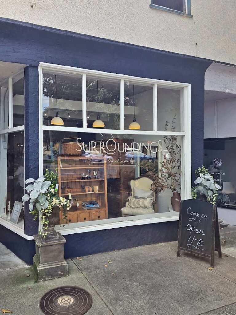 Exterior of Surroundings home decor shop on Cook Street in Victoria BC