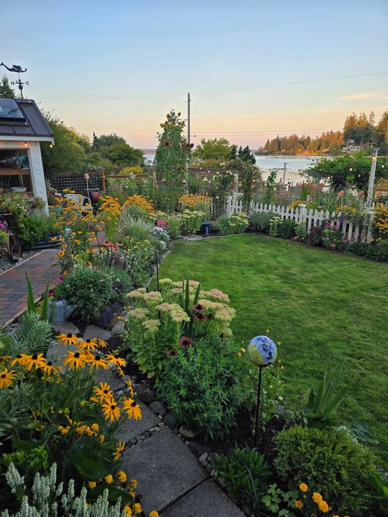 Lush cottage garden paths in mid August at a Pacific Northwest beach cottage