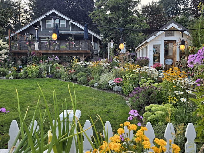 Cottage greenhouse and house surrounded by a full summer garden in the Pacific Northwest