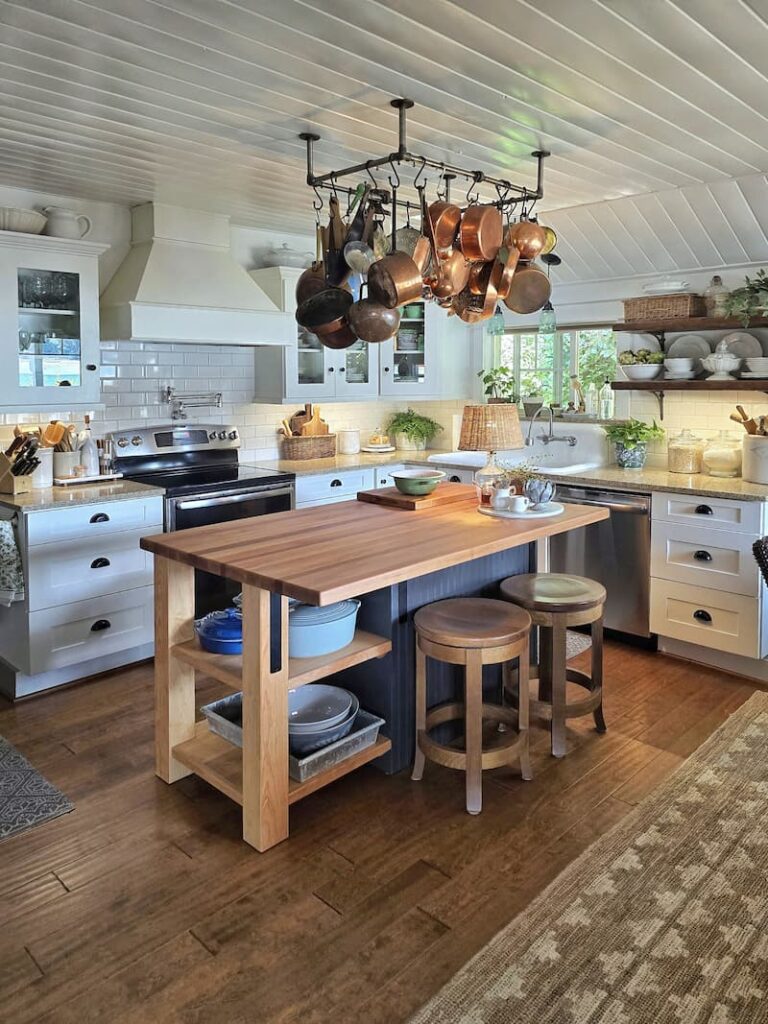 Custom built kitchen island in a cottage style kitchen at a Pacific Northwest beach cottage