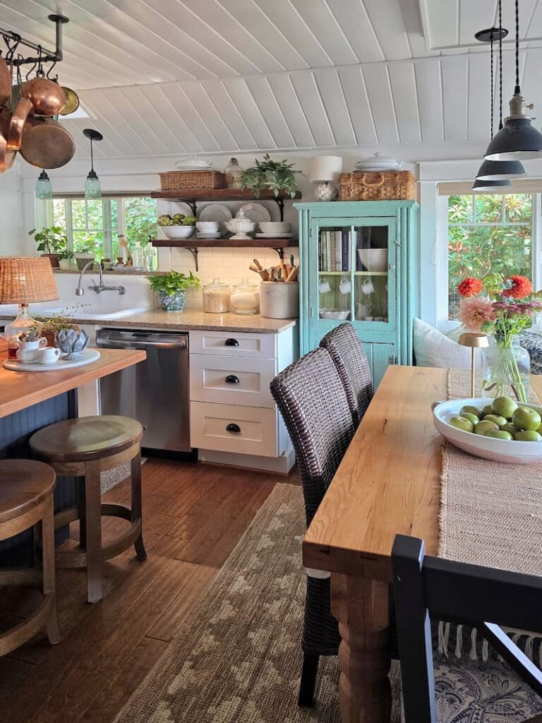 Cottage style kitchen in August at a 1920 beach cottage on Puget Sound