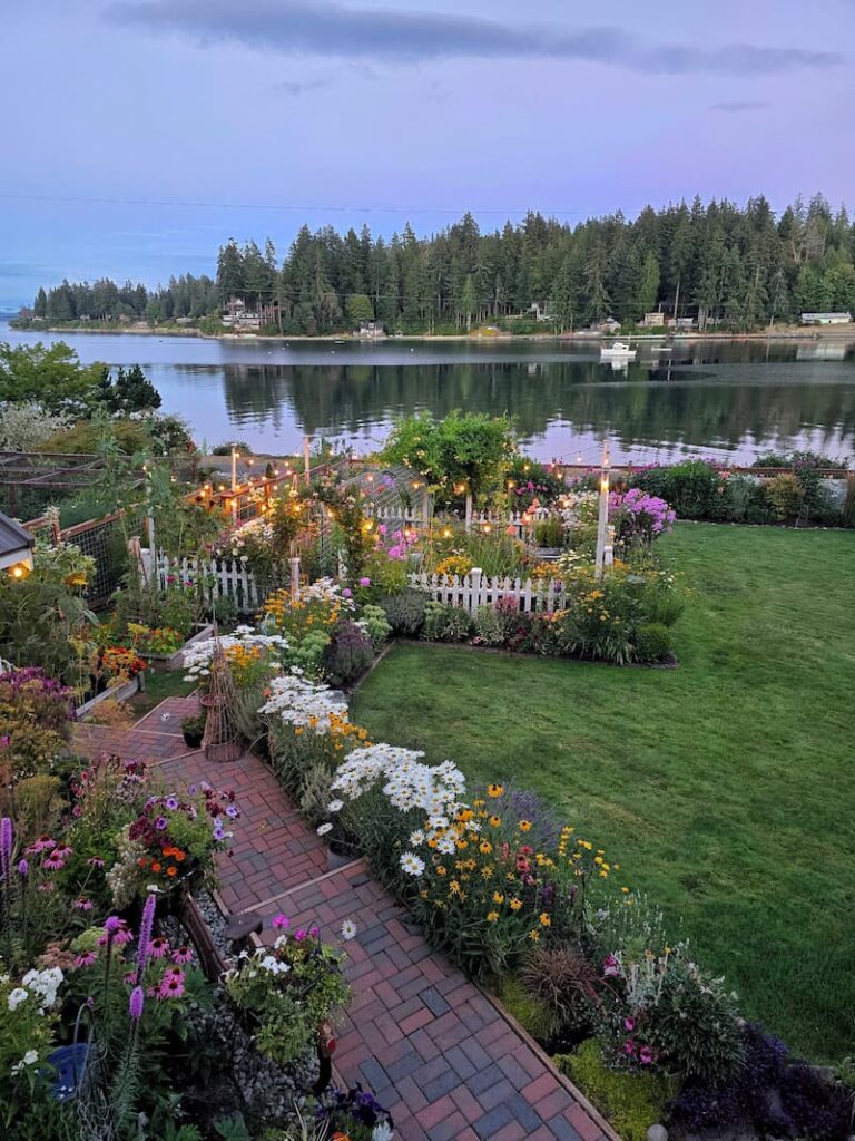Elevated evening view of a Pacific Northwest cottage garden with bistro lights