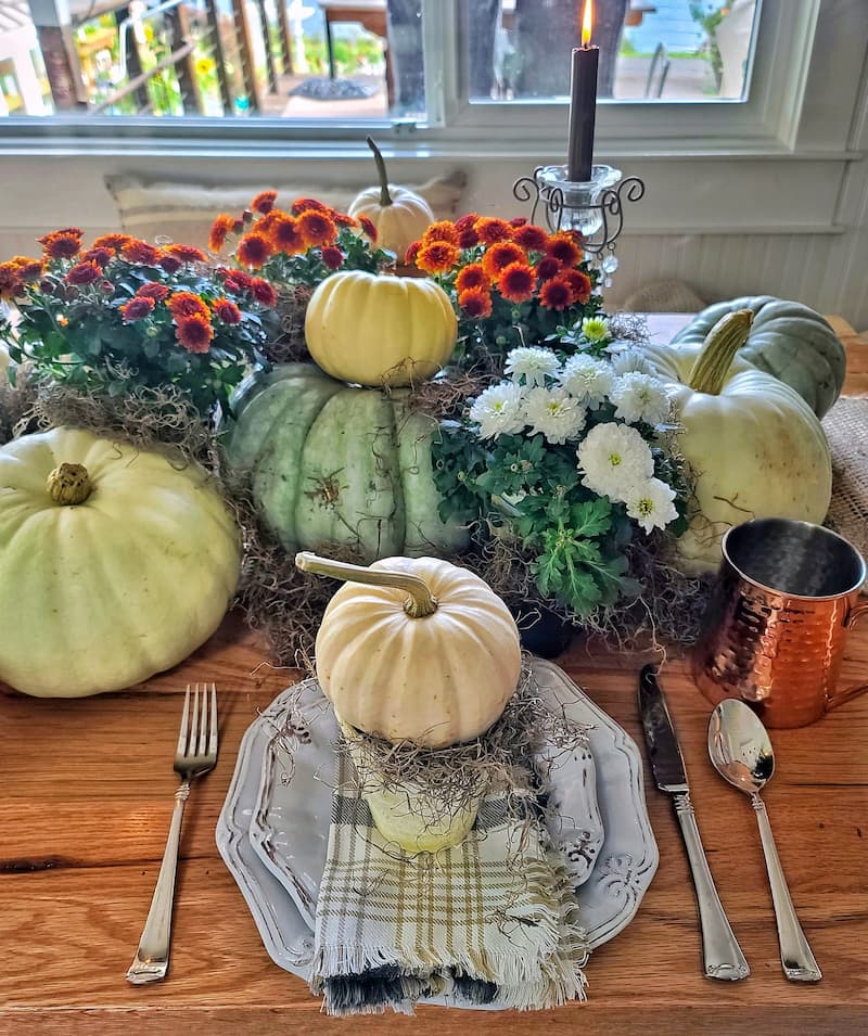 fall table using pumpkins and mums as the centerpiece and place setting