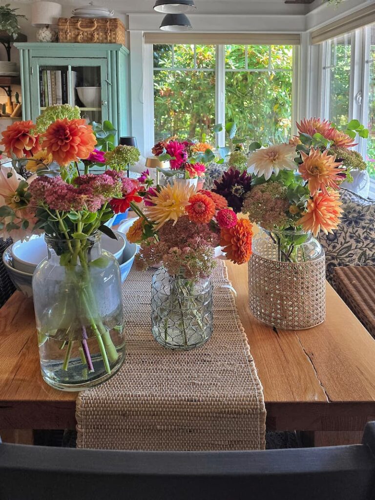 Fresh cut flowers in vases from a Pacific Northwest cottage cut flower garden