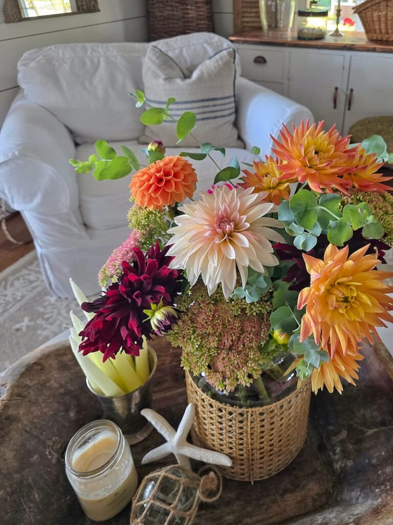 Fresh cut flowers from the garden filling a vase inside a Pacific Northwest cottage