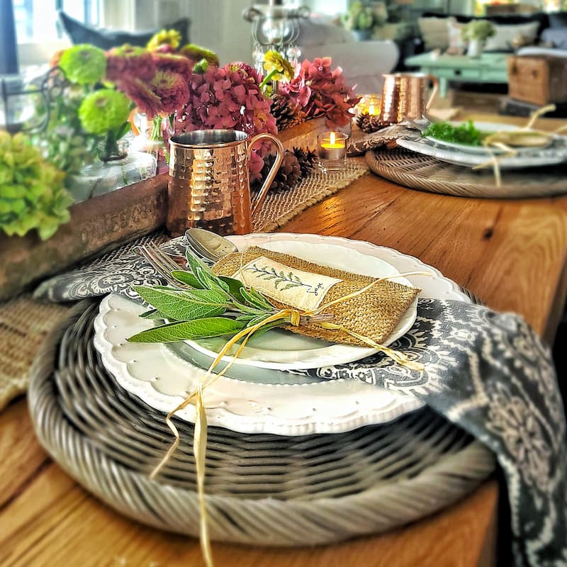 Fall tablescape with herbs and hydrangeas