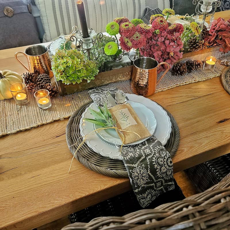 fall tablescape with place setting and floral centerpiece