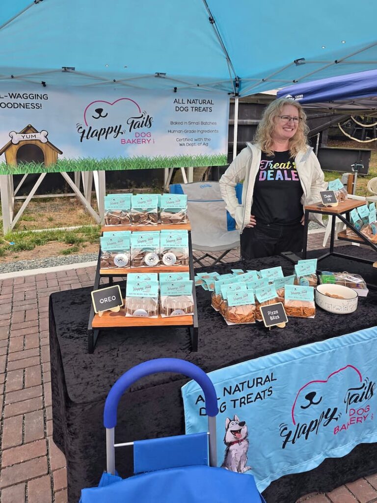 Handmade dog treats at a pet bakery booth at the Anacortes Farmers Market