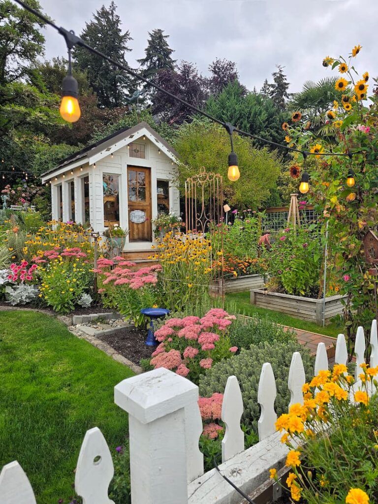 Cottage garden and greenhouse in early fall at a Pacific Northwest beach cottage on Puget Sound