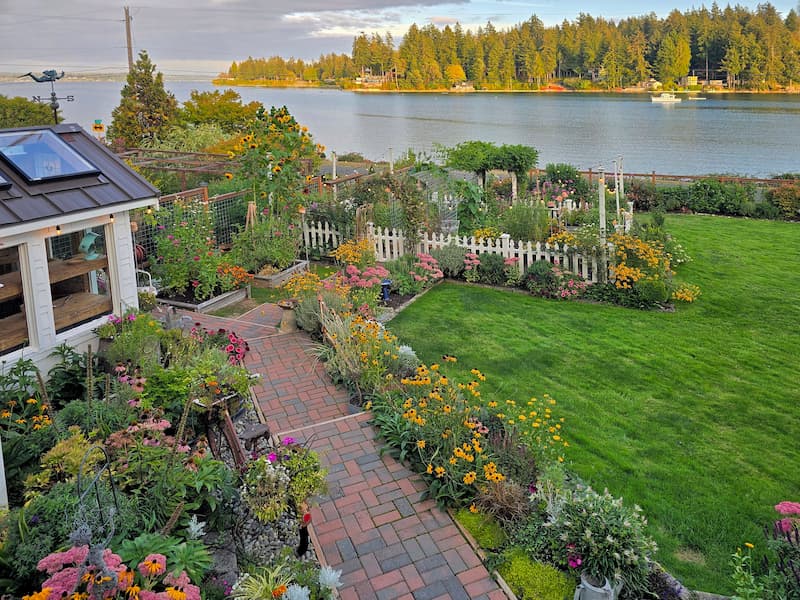 cottage garden view for deck overlooking the bay in Spetember