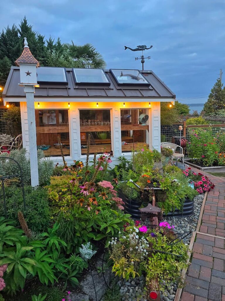 greenhouse with mermaid weathervane and birdhouse