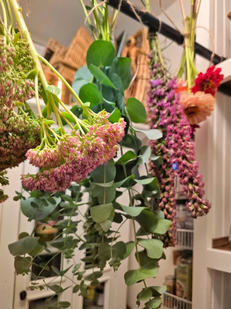 Late summer cut flower harvest including eucalyptus, sedum. and blazing star from a Pacific Northwest cottage garden