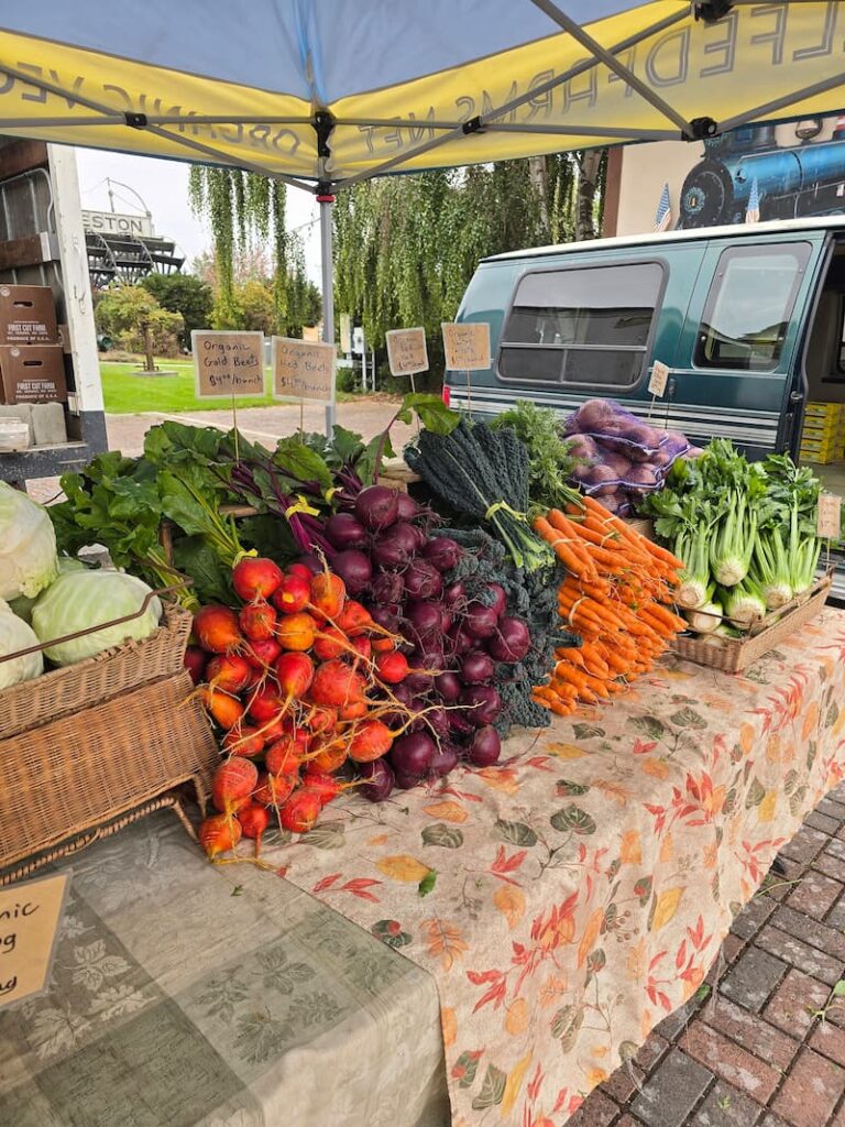 Baskets of homegrown vegetables at the Anacortes Farmers Market