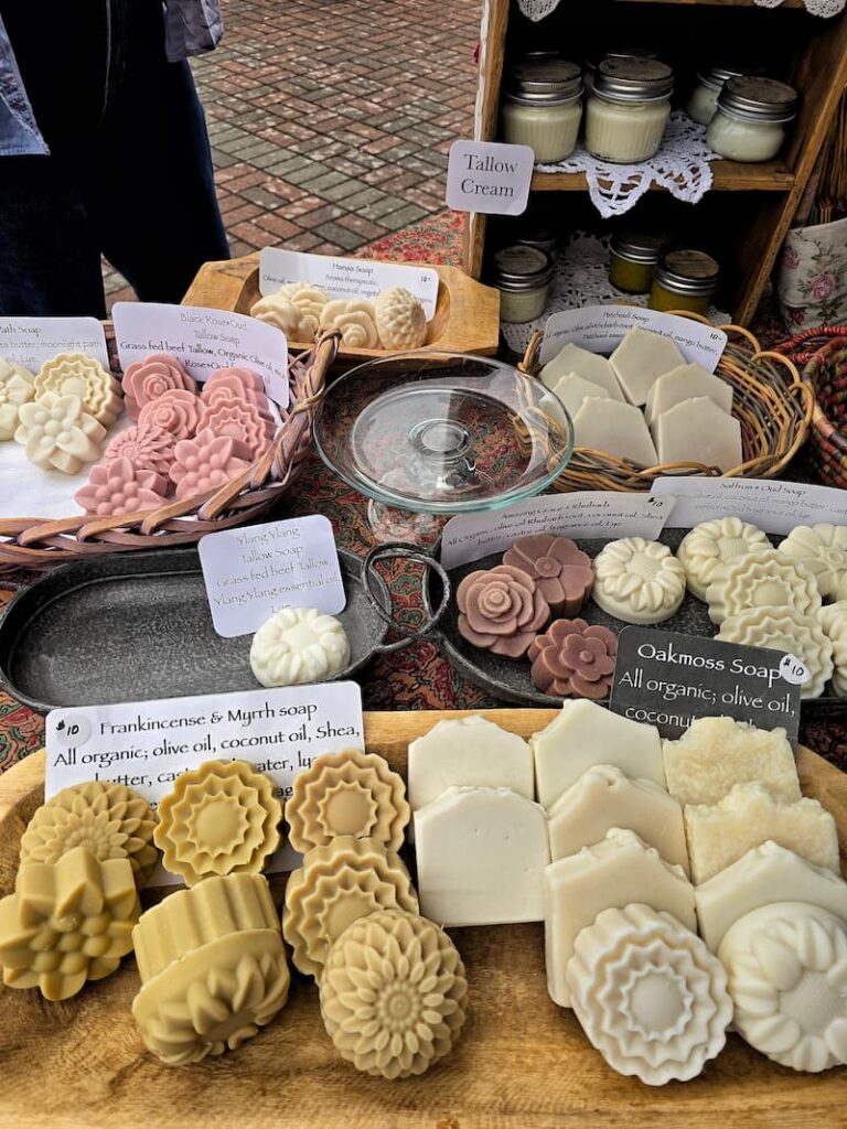 Handmade soaps and soap dishes at a booth at the Anacortes Farmers Market