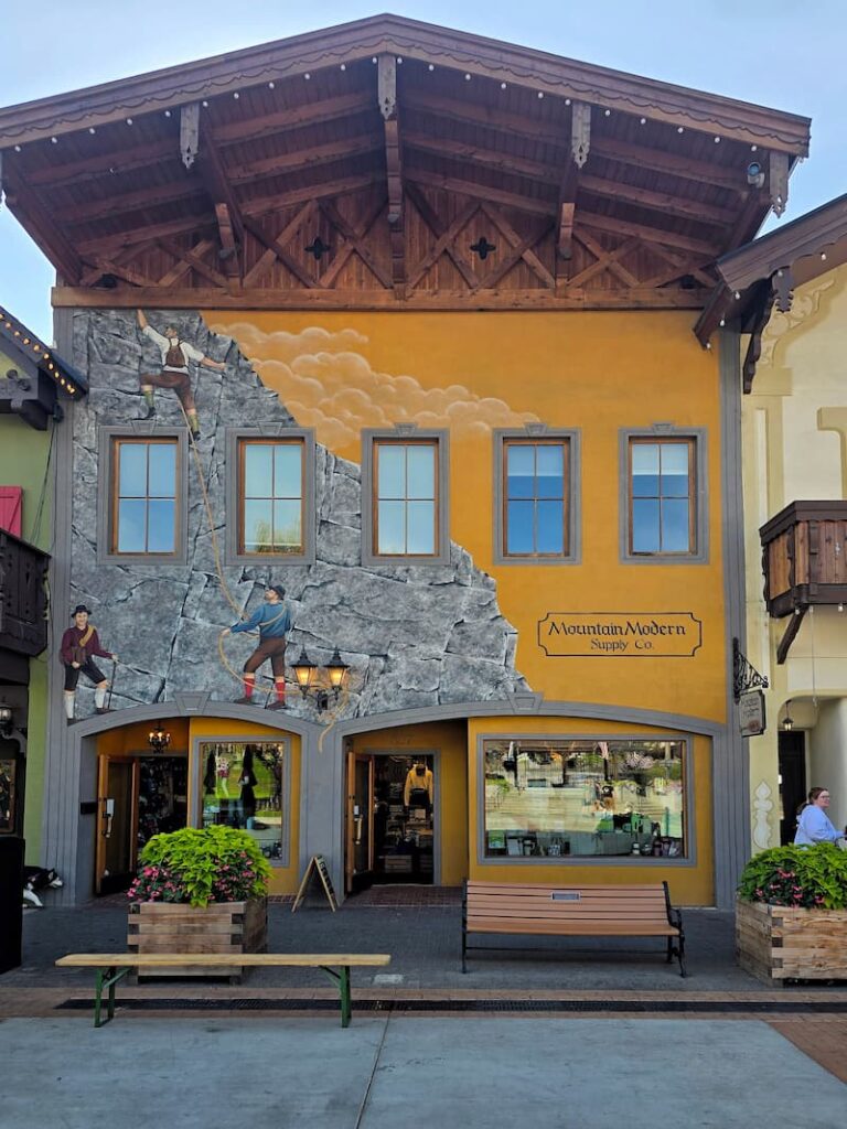 Painted half timbered buildings in the Bavarian village of Leavenworth Washington