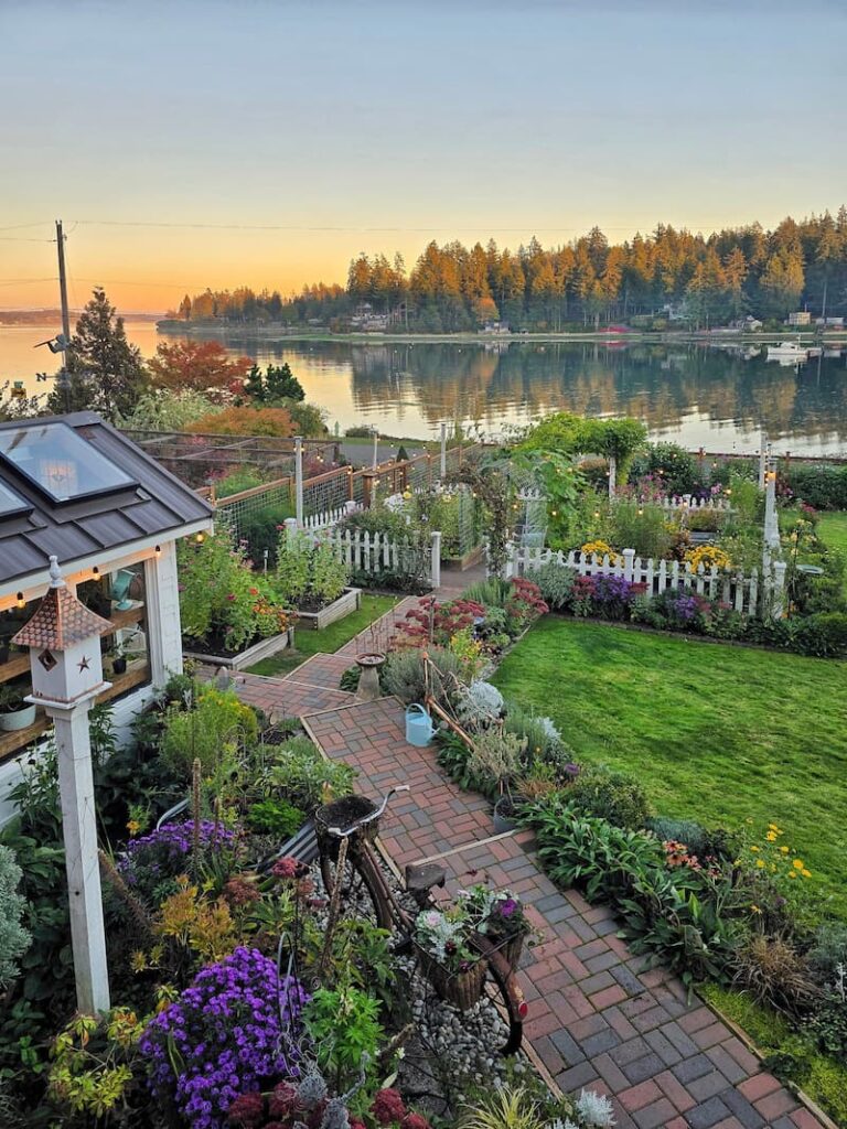 Cottage garden before sunset with the bay in the background