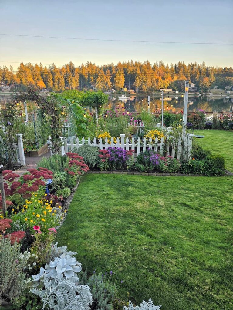 Fall garden beds glowing in evening light above the water