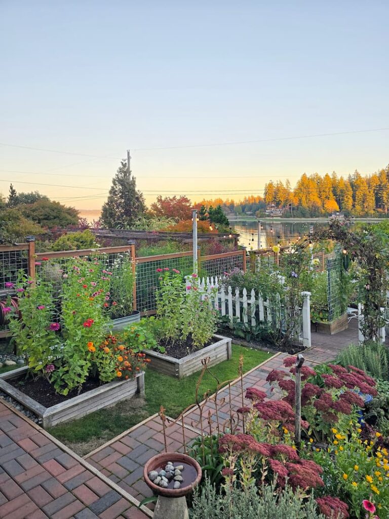 Garden path and fall plantings overlooking the bay at dusk