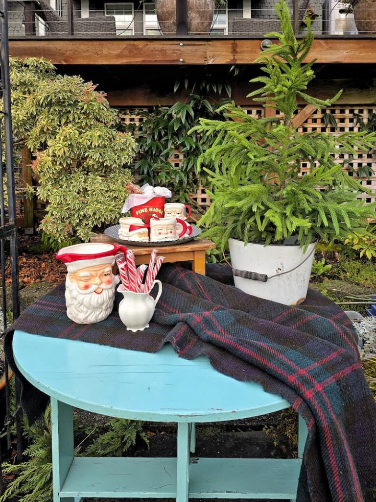 Outdoor hot cocoa bar with mugs and treats styled for Christmas