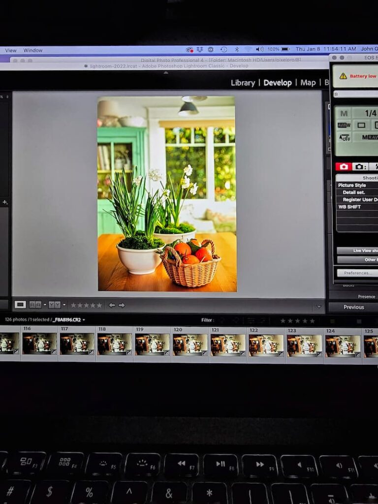 Christmas kitchen table seen through a photographer’s camera screen