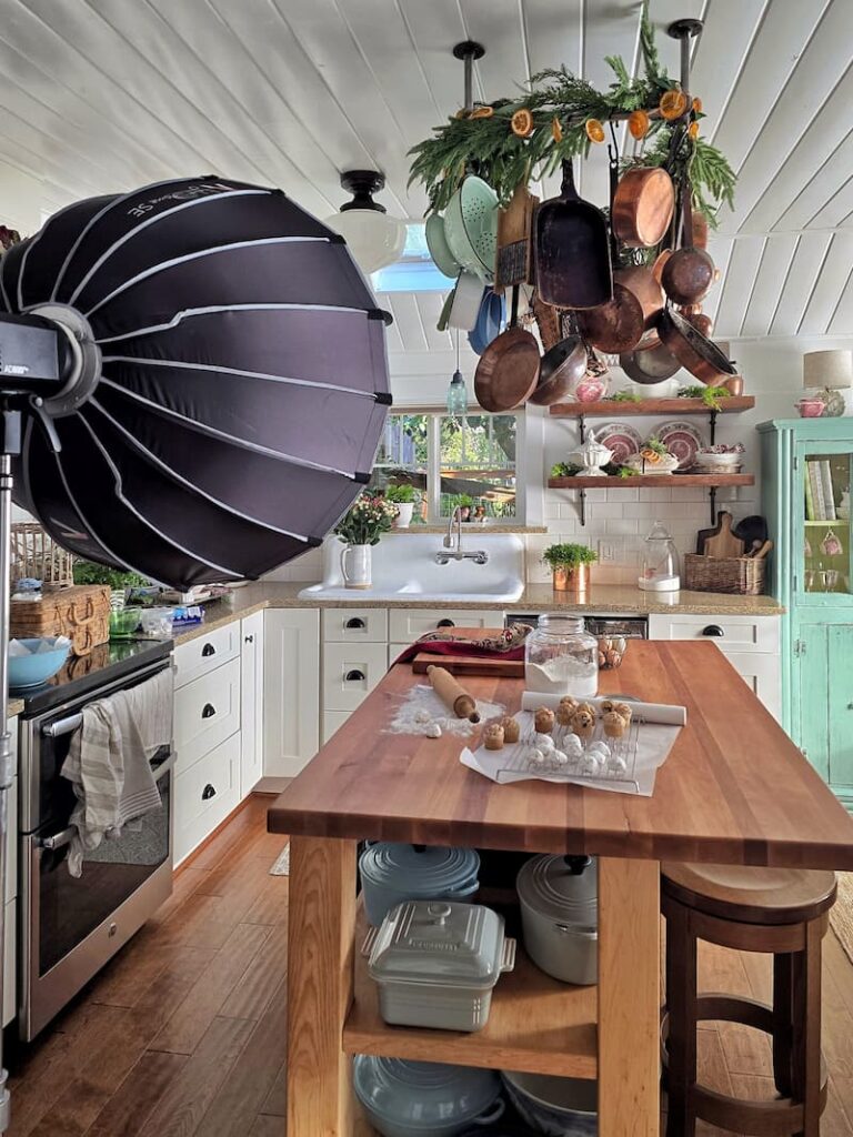 Christmas kitchen in a 1920 beach cottage styled for a magazine shoot